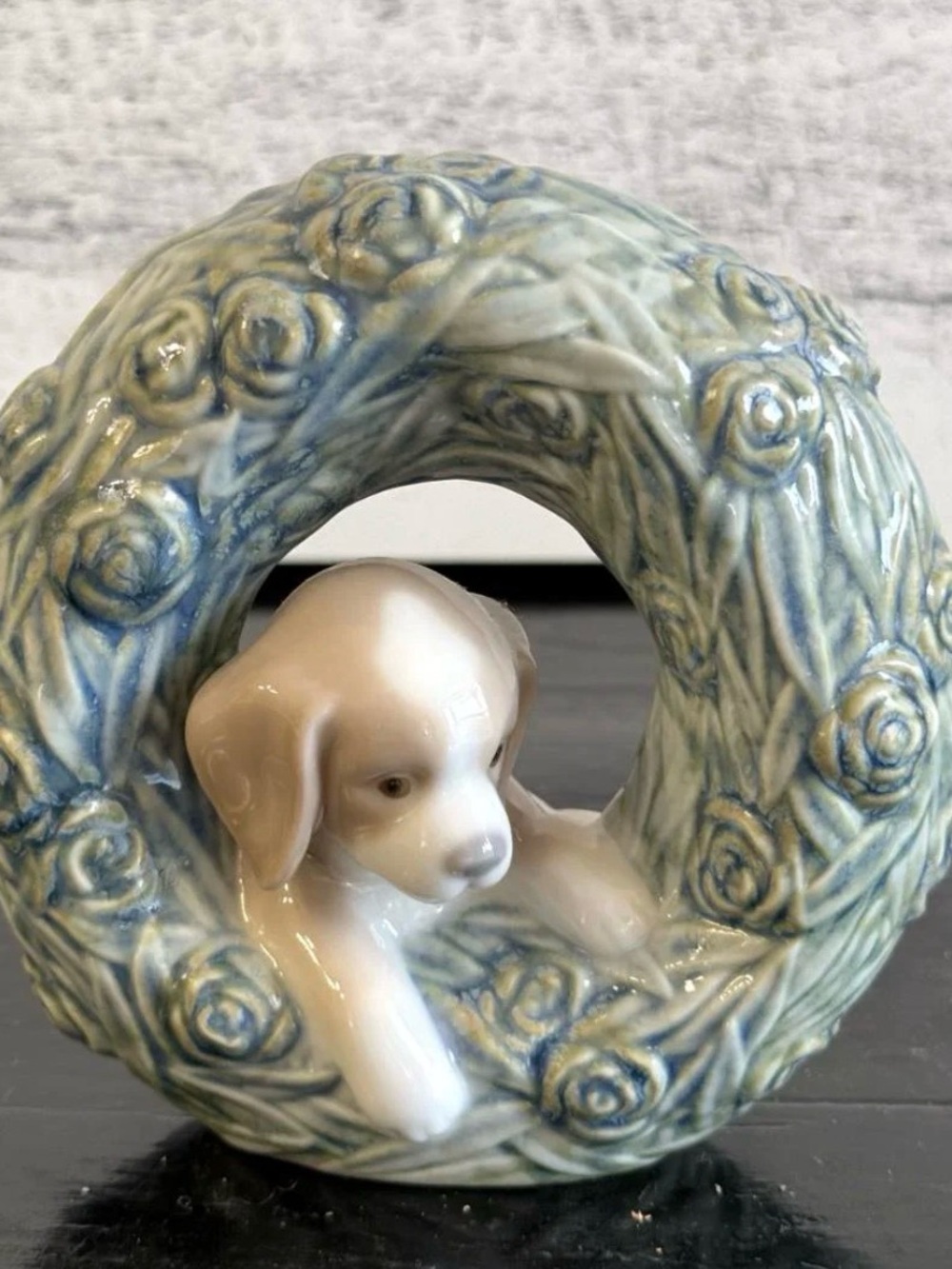 Lladro Pale Blue and Cream Puppy Wreath Porcelain Figurine
